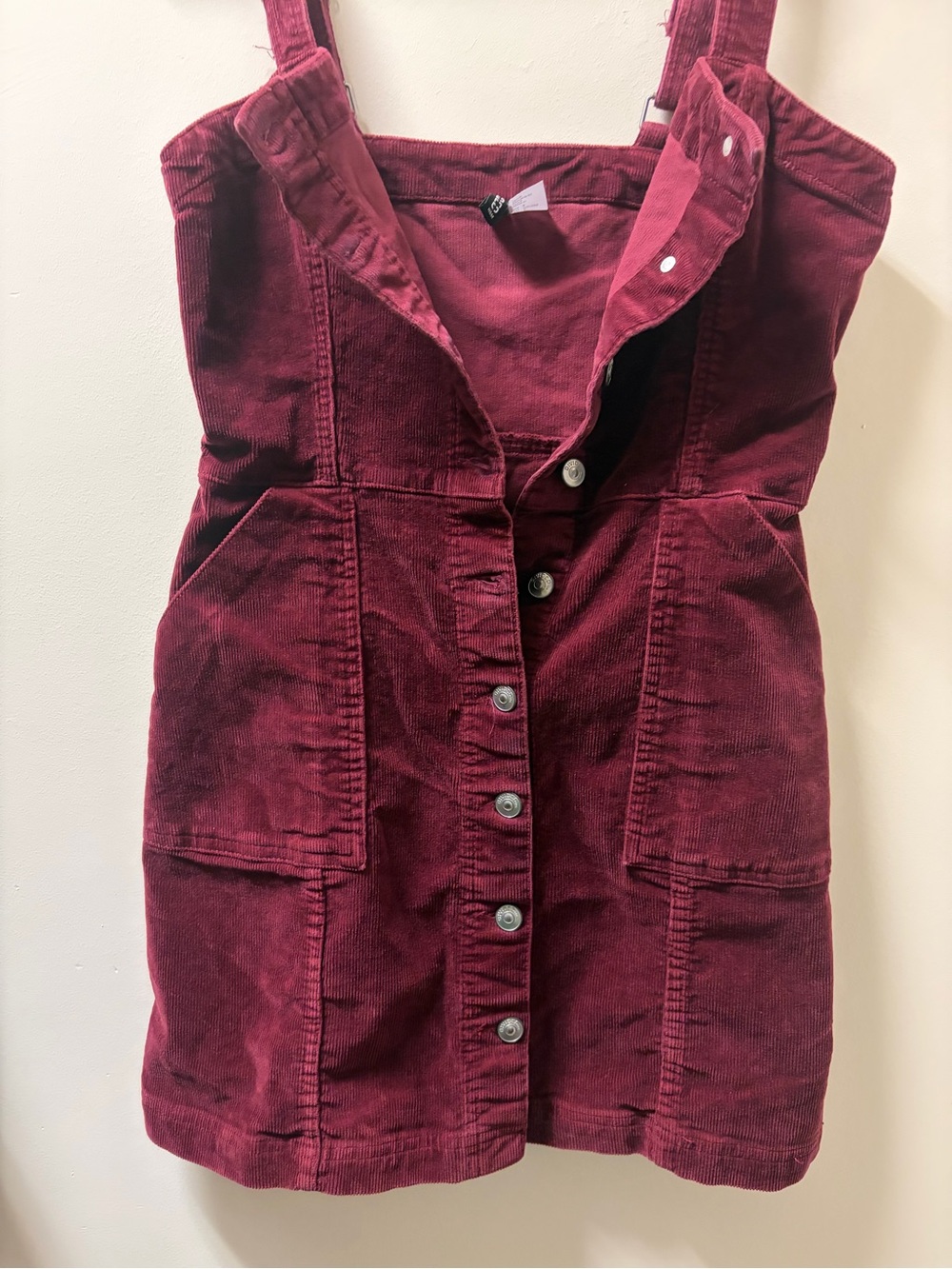 H&M Divided Burgundy Corduroy Pinafore Overall Mini Dress Size 8 Button Front - Picture 4 of 4
